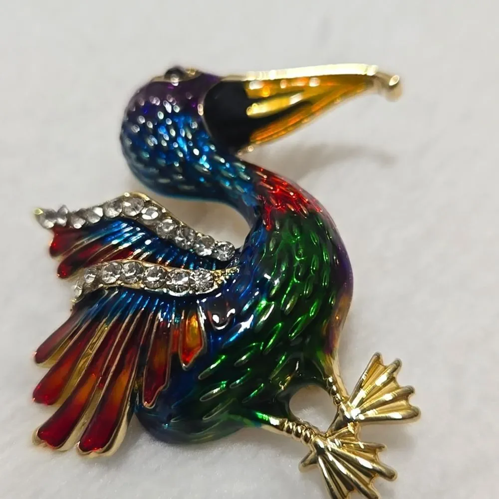 Colorful Bird Brooch with Gold Accents